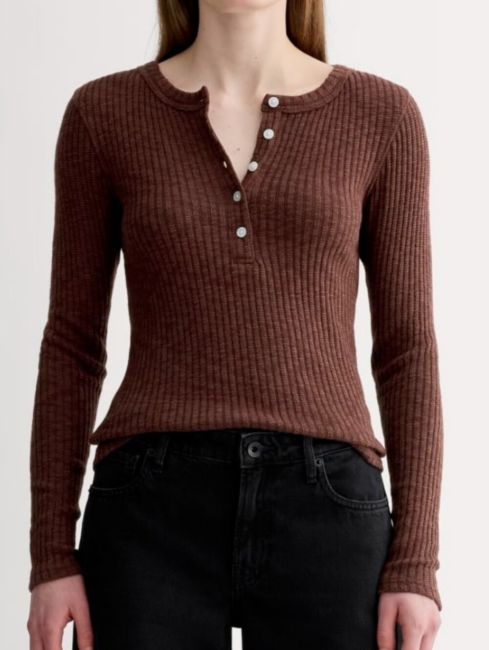 Everlane Ribbed V‑Neck Henley Sweater - Dark Mahogany Small